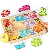 Zeoddler Wooden Puzzles for Toddlers, 8 Pcs Dinosaur Matching Egg Puzzle, Montessori Toys for Boy...
