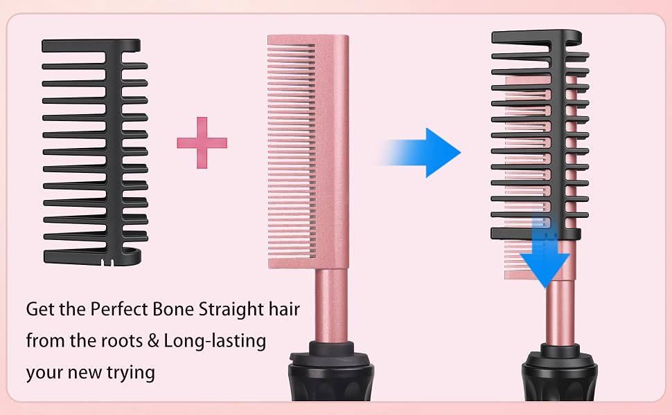 Text reads: 'Get the Perfect Bone Straight hair from the roots &amp; Long-lasting your new style'. Pink background showing black paddle brush plus pink wide-tooth comb equals resulting hair straightening tool with handle.