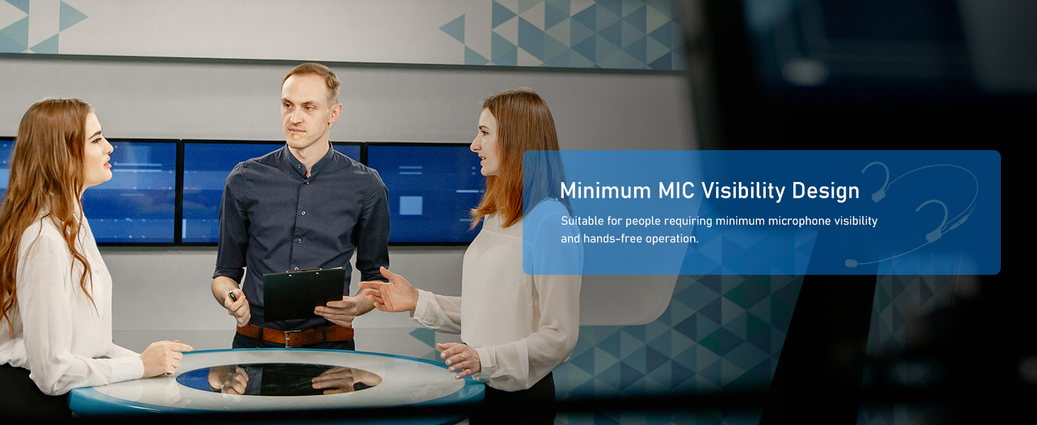 Three people in business attire discussing in front of screens. Text overlay reads 'Minimum MIC Visibility Design'.