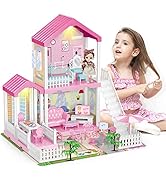 deAO Dollhouse Dreamhouse Girls,Doll House with Lights,Mat,Doll&amp; Doll House Furniture,2 Story 3 R...