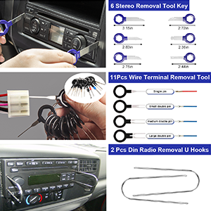 Car stereo and wire removal tools set, including stereo removal keys, wire terminal removal tools, and radio removal U hooks for automotive audio installation.