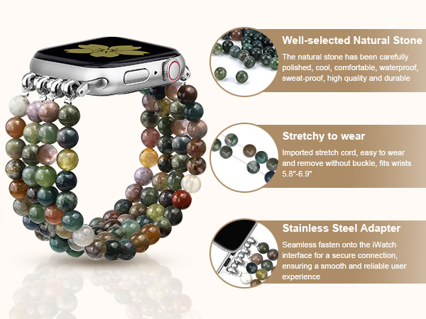 Natural Stone Bracelet Beaded Apple Watch Bands for Women Feminine Handmade Elastic Stretch Strap