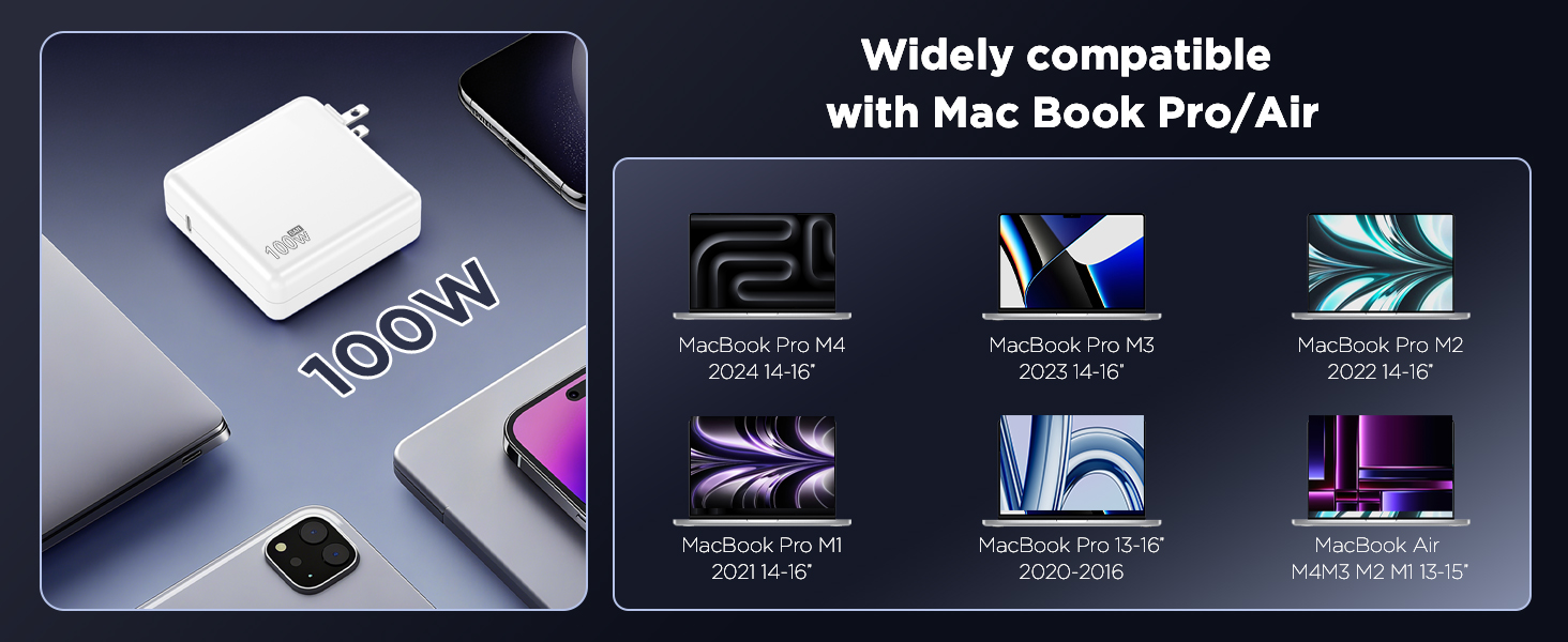 100W Charger for MacBook Pro 14 16 inch MacBook Air 13 15 inch M4 M3 M2 M1, 100W GaN Power Adapter