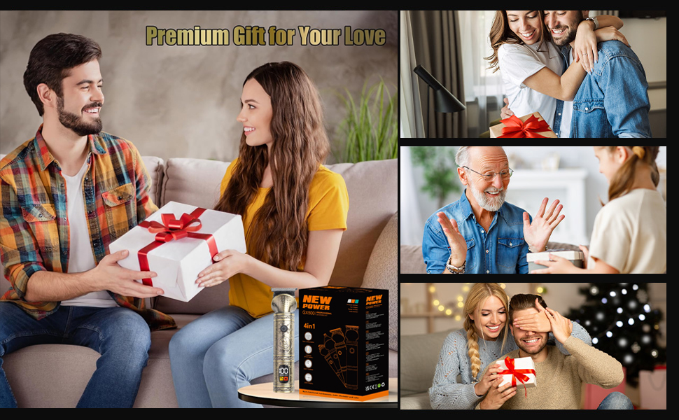 Text reads 'Premium Gift for Your Love'. Split-screen image showing people exchanging gifts in different settings with digital device interface visible.