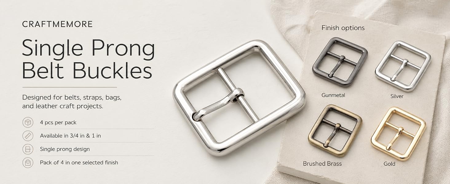 Single prong center bar belt buckles for leather craft straps and bags