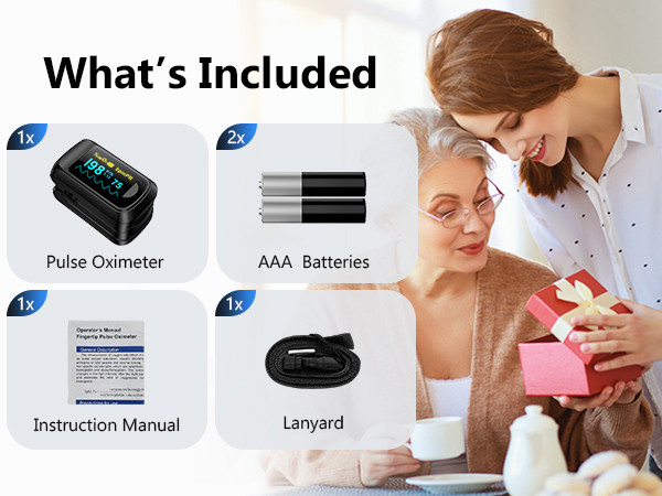Text reads 'What's Included' showing product contents: Pulse Oximeter, AAA Batteries, Instruction Manual, and Lanyard with corresponding images.