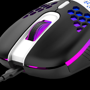 Gaming mouse with honeycomb ventilation design, purple LED lighting, and ergonomic black and white design with side buttons.