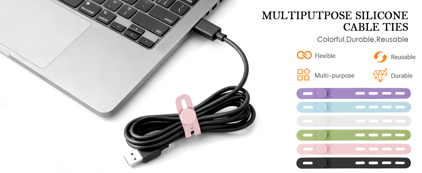 silicone cable ties in 6 assorted colors — black, white, pink, green, blue, purple