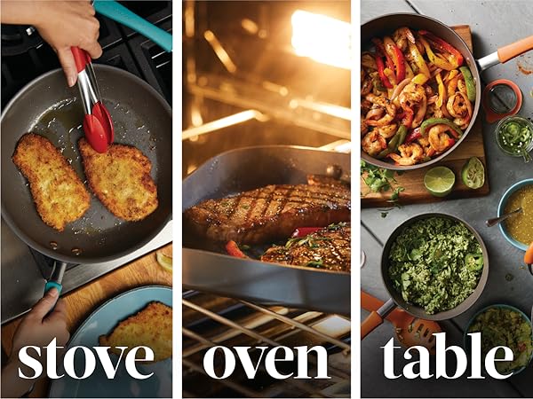 chicken on stove, steak on grill pan, fajitas on table