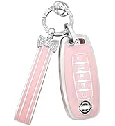 PIFOOG TPU Key Fob Cover with Bling Car Keychain Pink Big Silver Edge (for Nisan 5 Buttons-C)