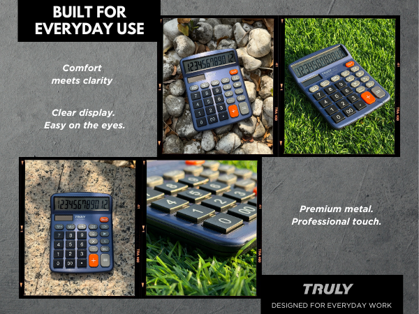 Dark blue desktop calculator with premium metal finish, easy to read display, comfortable keys