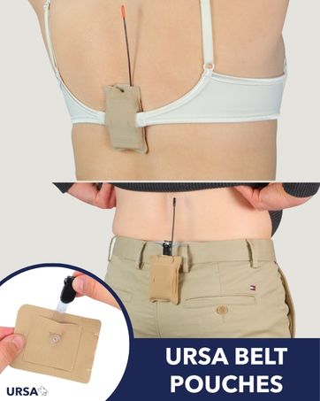Text reads 'URSA BELT POUCHES' showing close-up product views of beige belt attachments and clips on clothing items.