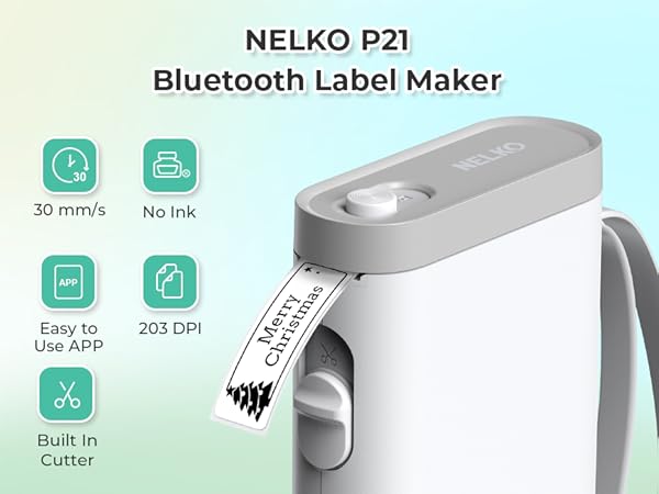 NELKO P21 Bluetooth Label Maker. Portable white device with features: 30 mm/s speed, no ink, app compatibility, 203 DPI resolution, and built-in cutter. Sample label shown.