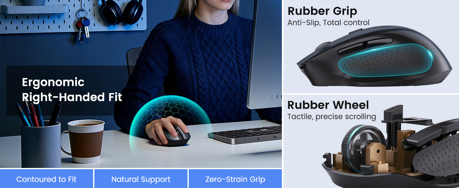 Right-Hand Ergonomic mouse with Anti-Slip Rubber Grip and Textured Scroll Wheel for Precise Control.