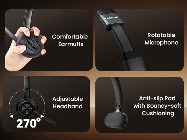 Text reads 'Microphone, Comfortable Earmuffs, Rotatable, Anti-slip Pad with Bouncy-soft, Adjustable Headband, 270°'. Gaming headset features diagram highlighting key components.