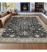Hazo Haus Black Farmhouse Washable 8x10 Rugs for Living Room Bedroom, Dark Charcoal Dining Room R...