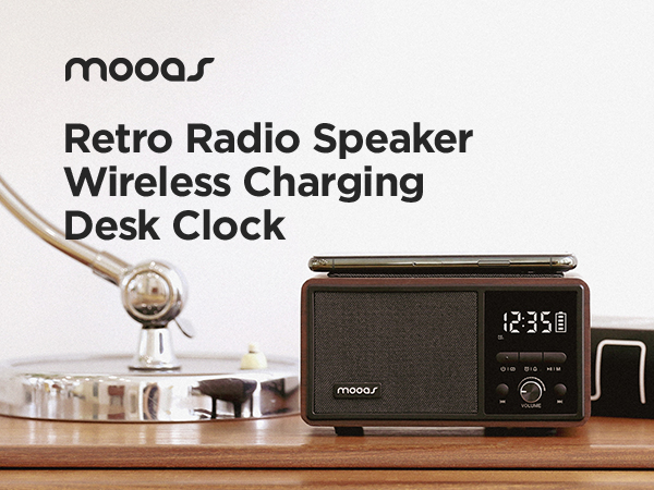 Retro Radio Speaker Wireless Charging Desk Clock