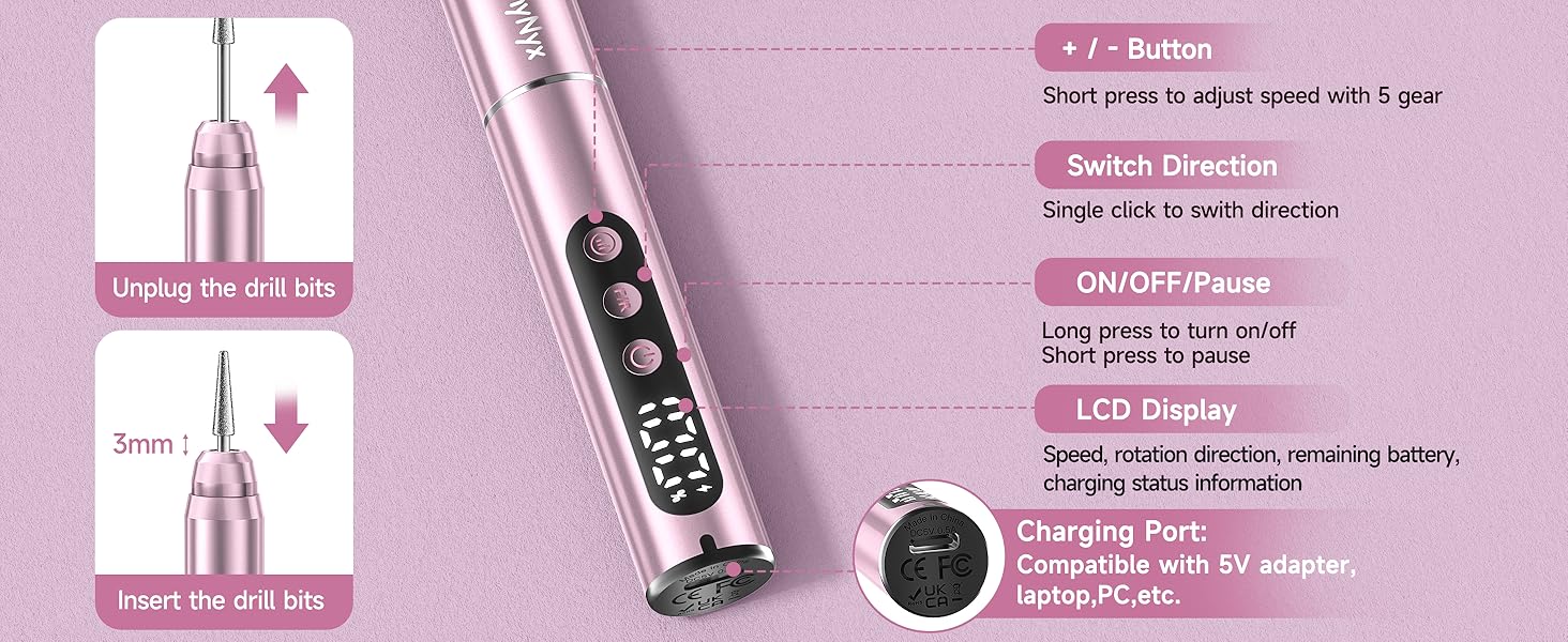 LCD screen shows speed, rotation direction, and battery level. Easily adjust settings
