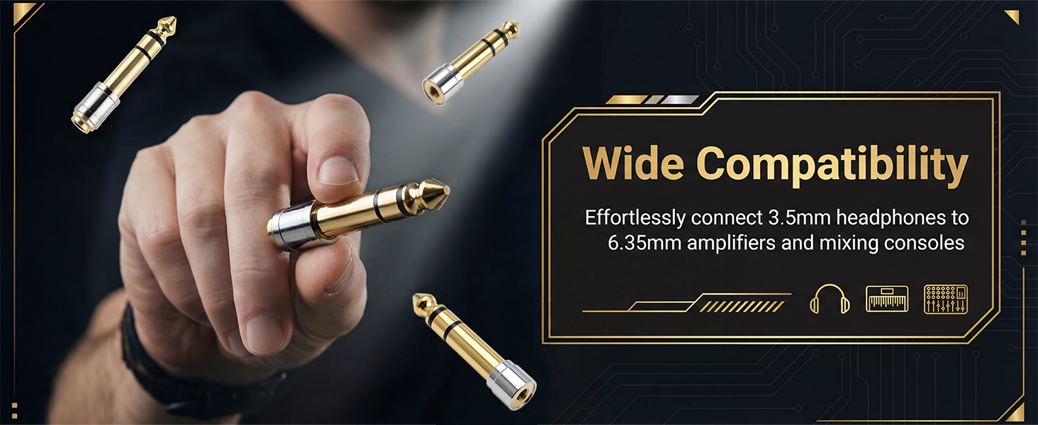6.35mm male to 3.5mm female jack adapter for headphones and amplifiers.