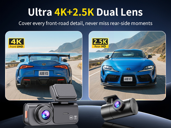 Dual Dash Cam Front and Rear: 4K+2.5K Dash Camera for Cars Built-in 5G WiFi APP Control Free 64GB