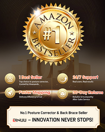 Text reads 'No.1 Posture Corrector &amp; Back Brace Seller' and 'DINGLI - INNOVATION NEVER STOPS!'. Gold medallion-style badges with award imagery.