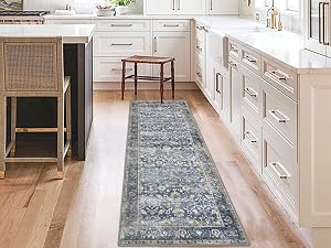 Floral Distressed Print Blue Beige Area Runner Rug