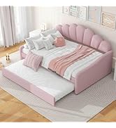 HXERY Full Size Upholstery Daybed Frame with Shall Shaped Backrest and Trundle,Pink