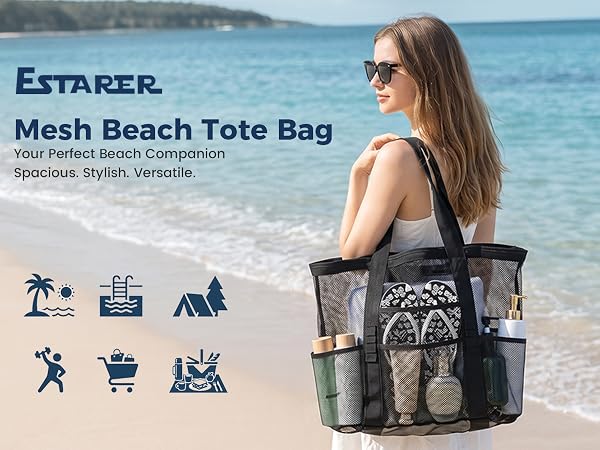 Text reads 'ESTARER Mesh Beach Tote Bag' and 'Your Perfect Beach Companion Maximum Storage Versatile'. Woman at beach carries black mesh tote. Icons show beach activities and storage features.