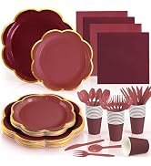 168Pcs Burgundy Paper Plates and Napkins Party Supplies, Maroon Scalloped Plates with Gold Rim, B...