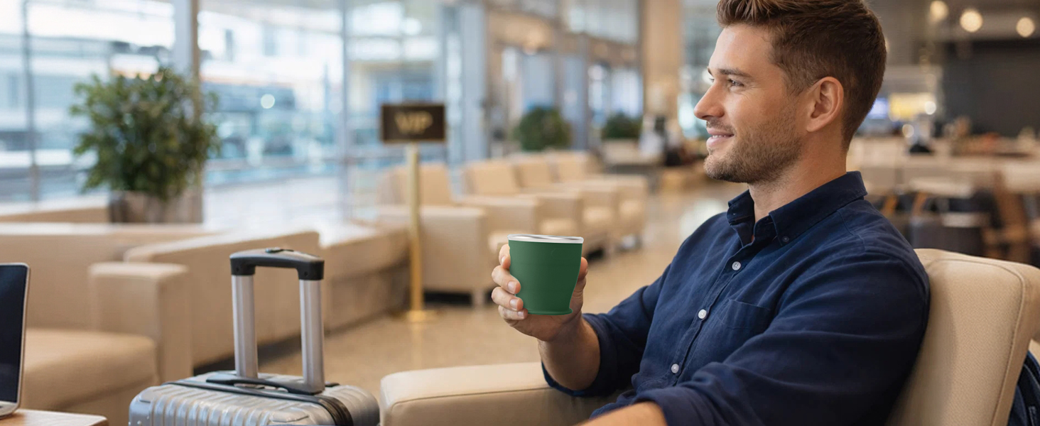 Drinking water with SINYON collapsible cup at the airport