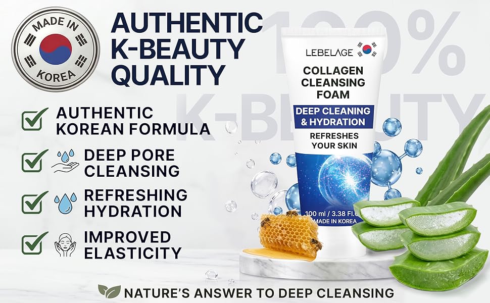 Korean beauty moisturizing collagen cleansing foam tube on marble with natural aloe and molecules