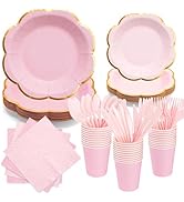 Pink Paper Plates and Napkins Party Supplies for 24 Guest, 168Pcs Pink Scalloped Mother's Day Par...