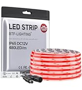 BTF-LIGHTING FCOB IP65 Waterproof Red Color COB LED Strip 16.4FT DC12V 480LED/m 8mm Width Flexibl...