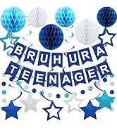 Roetyce 13th Birthday Decorations Boys Girls, Blue Bruh U Are A Teenager Banner Honeycomb Balls H...