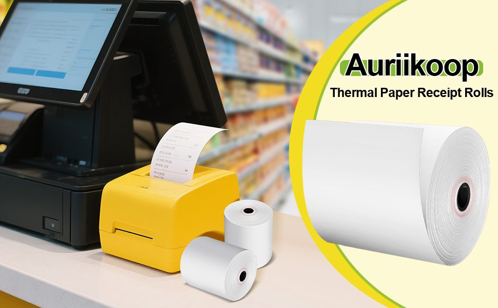 Text reads 'Auriikoop'. Collection of point-of-sale receipt printers shown in different angles, featuring both black and white models with paper rolls.