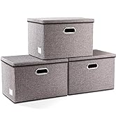 PRANDOM Large Collapsible Storage Bins with Lids [3-Pack] Linen Fabric Foldable Storage Boxes Org...
