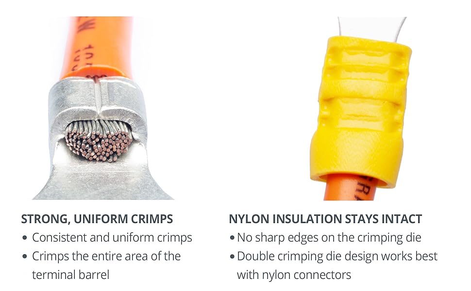 Wirefy crimping tool for nylon connectors strong crimps double die barrel insulation intact
