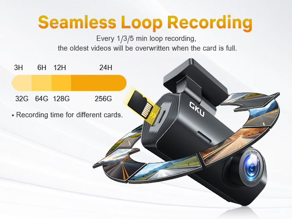 Text reads 'Seamless Loop Recording'. Technical diagram showing dashcam recording capabilities with time indicators and storage card specifications.
