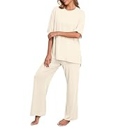 PrinStory Womens Pajamas Sets 2 Piece Lounge Set Short Sleeve Tops and Long Pants Soft Pjs Lounge...