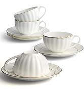 IQCWOOD Tea Cup and Saucers Set of 4(6.09oz), Bone China Tea Cups with Gold Trim, White Teacup fo...