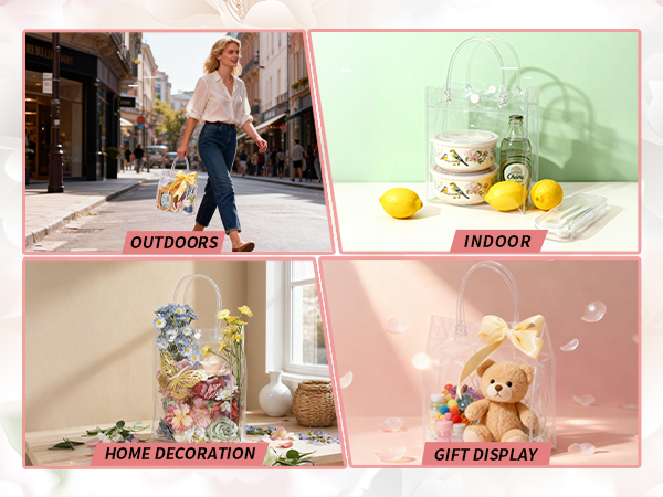 Text reads 'OUTDOOR' and 'INDOOR'. Four-panel lifestyle composite showing outdoor street scene, indoor kitchen setup with cleaning supplies, home storage area, and teddy bear decoration.
