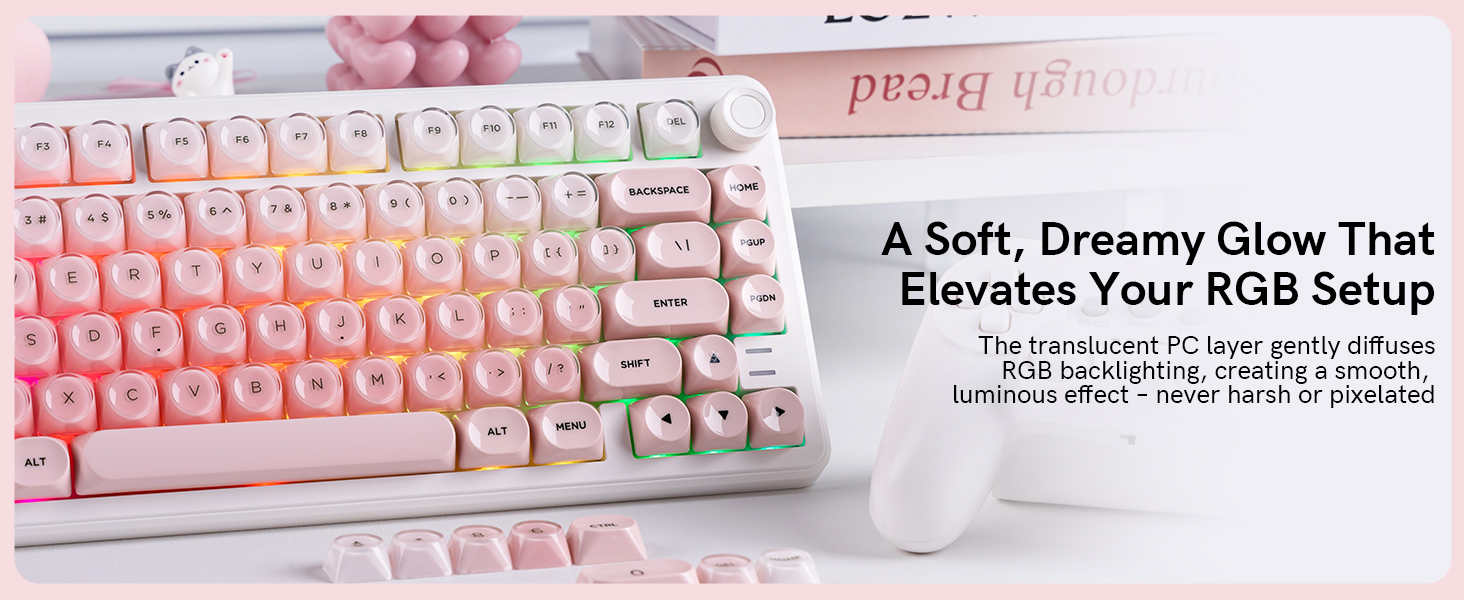 translucent top keycaps, displaying soft, dreamy RGB backlighting