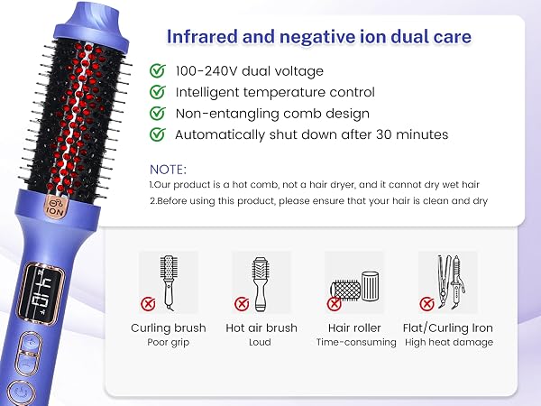 Text reads 'Infrared and negative ion hair care' with bullet points: 'Intelligent temperature control', 'Non-damaging curls design', 'Suitable for all hair types'. Purple hair styling tool with digital display, shown with 4 attachment heads for curling, straightening, and styling applications.