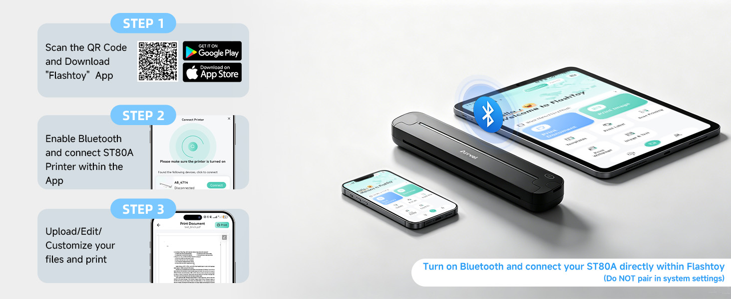 ST80A Bluetooth printer to an iPhone, Android phone, or tablet through the Flashtoy app