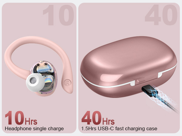 Charging time comparison showing 10-hour headphone single charge and 40-hour charging case with 1.5hr USB-C fast charging capability.