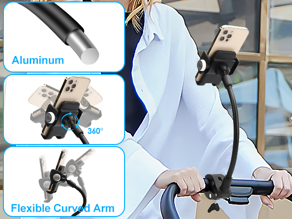 Text reads 'Aluminum', 'Flexible Curved Arm'. Product demonstration showing adjustable phone mount or holder with technical specifications.