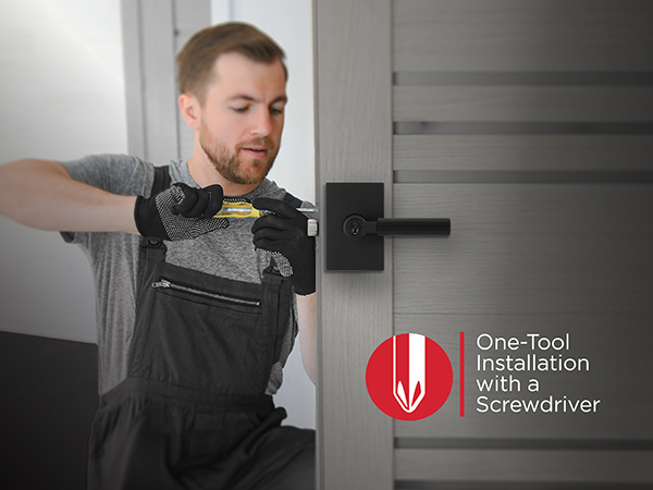 A handyman installing a Kwikset lever with a screwdriver.