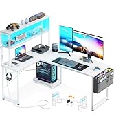 AODK L Shaped Desk Gaming Desk with LED Light &amp; Power Outlet, 53 Inch Reversible L Shaped Compute...