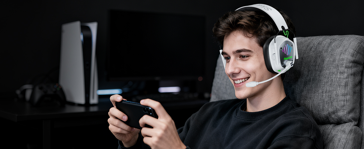 Multiple views of someone using headphones while engaged with electronic devices, showing indoor usage scenarios.
