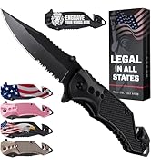 2.95” Serrated Blade Pocket Knife - Black Folding Knife with Glass Breaker Legal Pocket Knife- Sm...